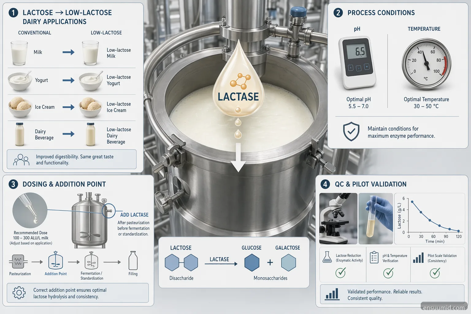 enzim industri supplier for dairy lactase guide, showing dosing, pH-temperature control, QC, and supplier checks
