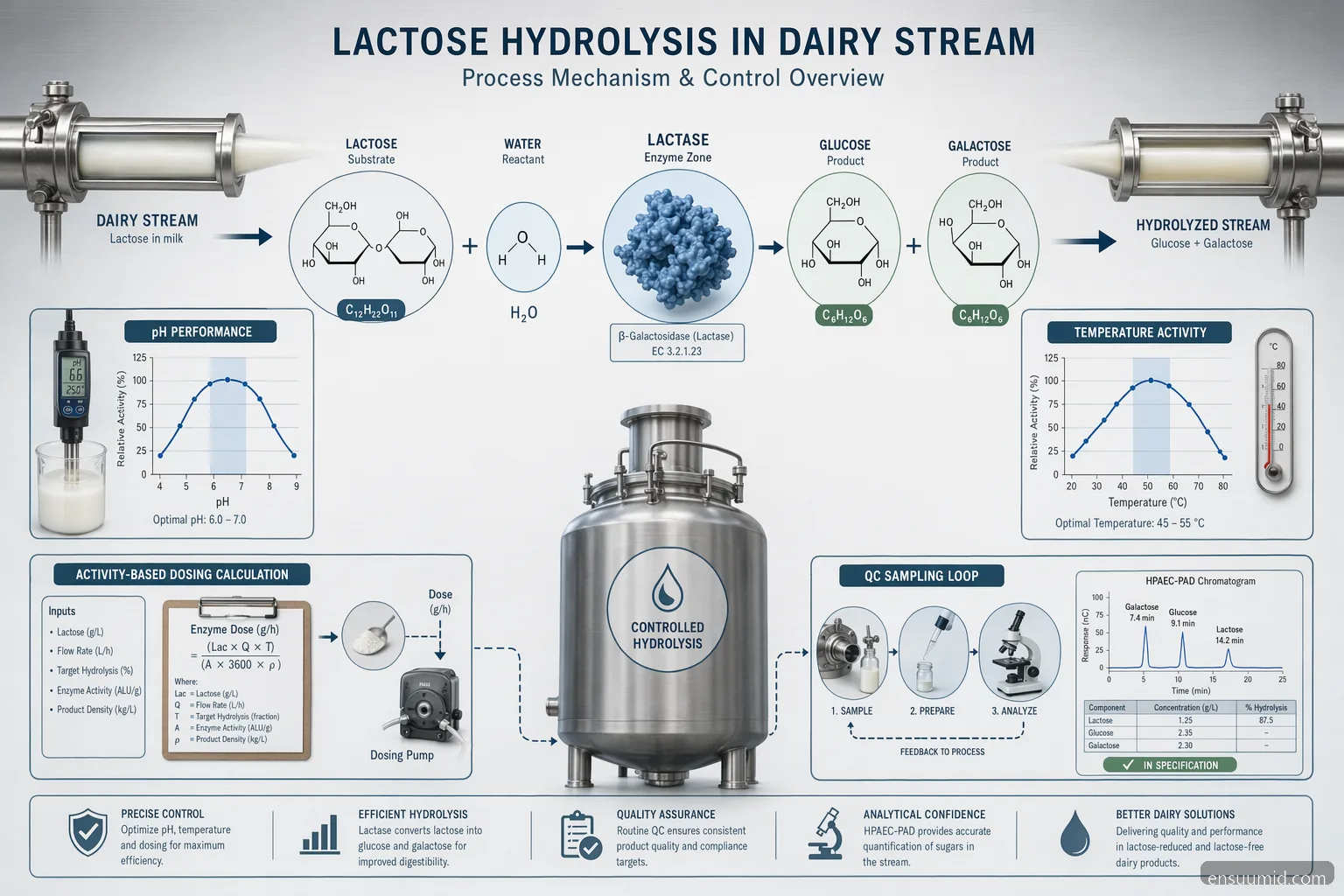 enzim laktase for dairy process diagram showing lactose hydrolysis controls across pH, temperature, dosing, and QC