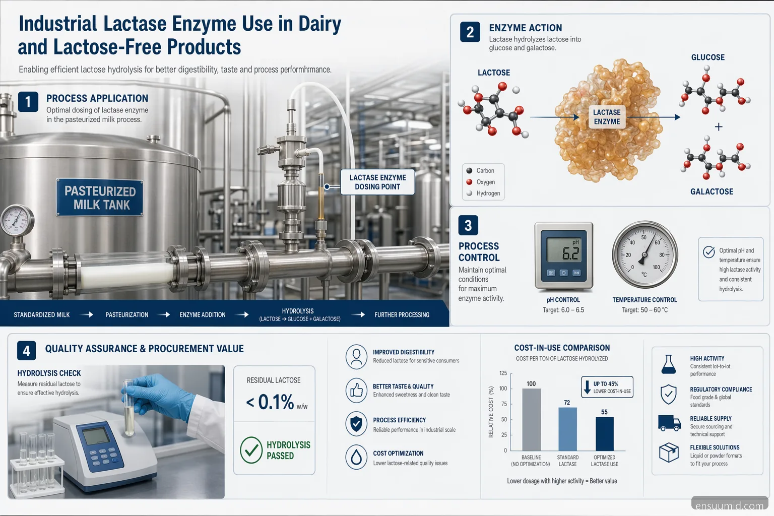 industrial enzim laktase dairy guide, showing dosing, process controls, QC checks, and cost-in-use factors