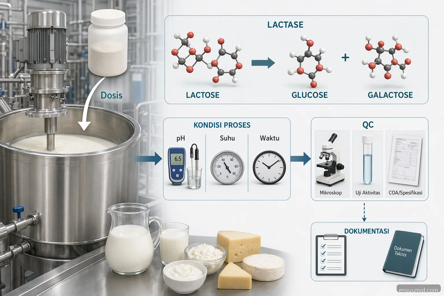 lactase enzyme powder dairy applications infographic showing lactose reduction, dosing, QC, and supplier documents