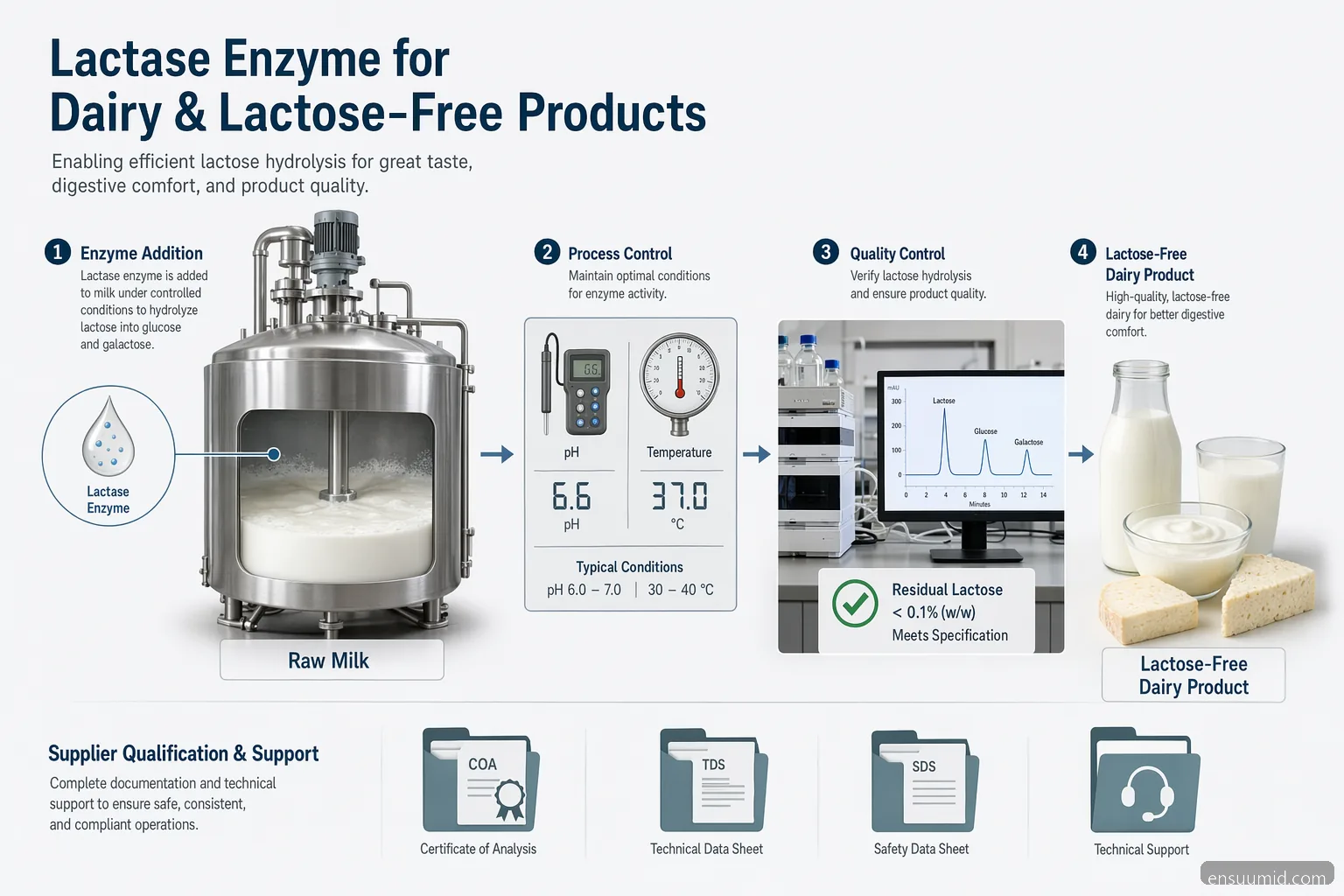lactase enzyme dairy lactose-free guide: tanks, process controls, QC testing, and supplier documentation